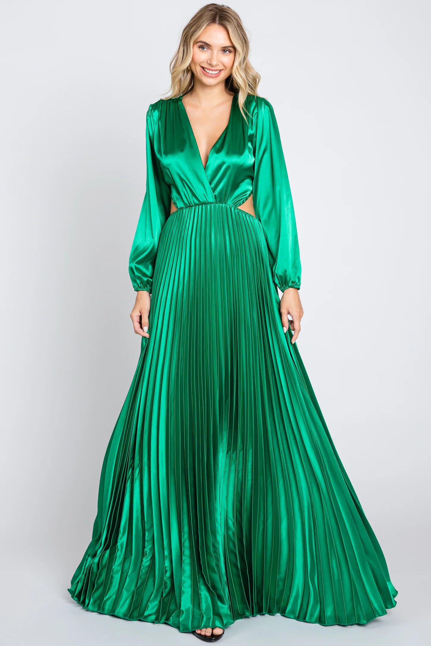 Green Satin Low Back Cutout Pleated Maxi Dress | PinkBlush Maternity