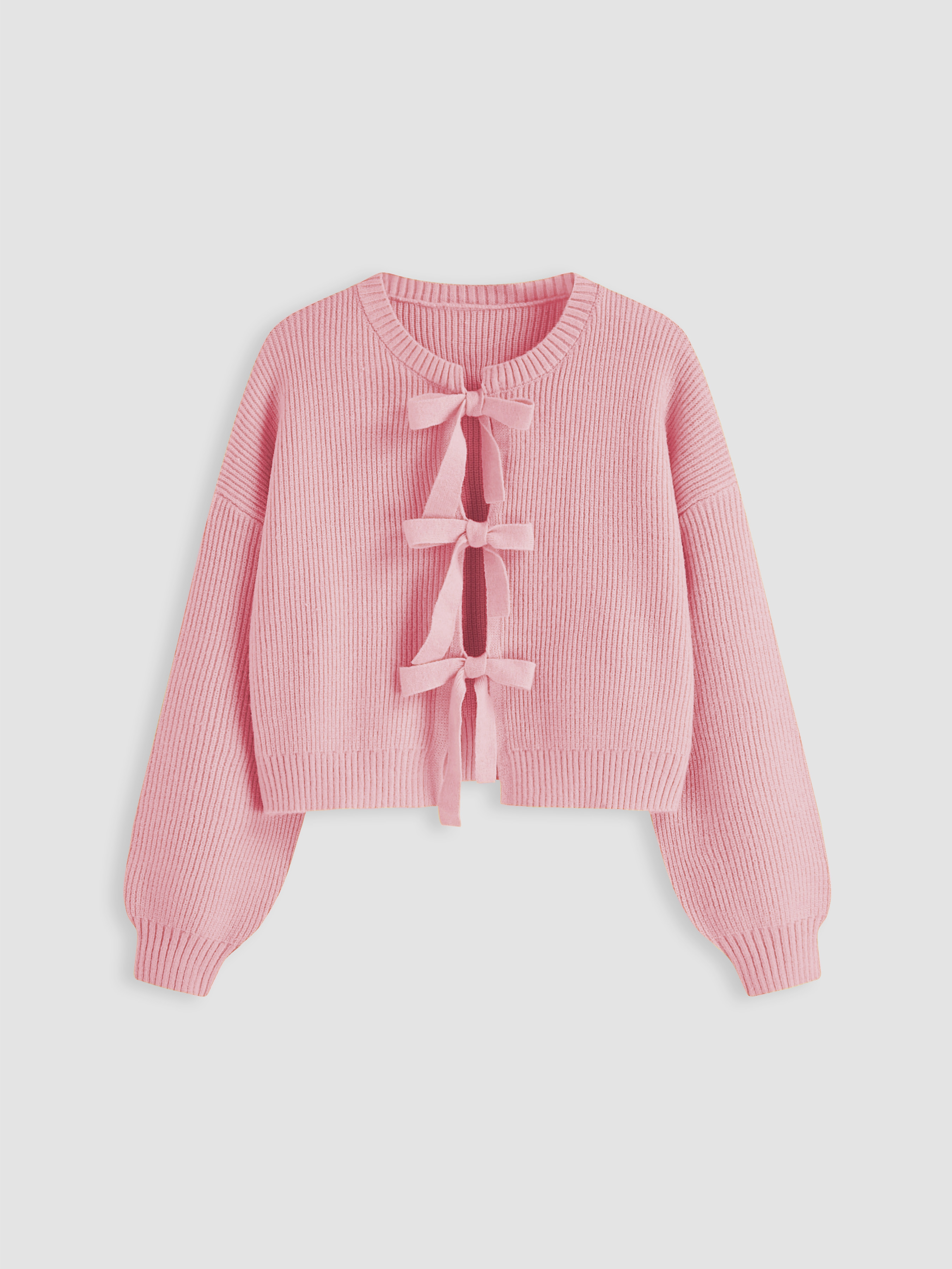 Bow Tie Cardigan Knit Fabric Knit Round Neckline Solid Tie Front Cardigan Curve & Plus For School | Cider