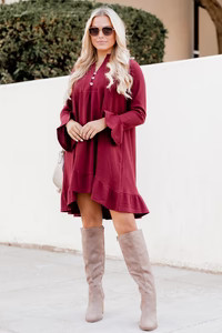 No Shortcuts Wine Knit Henley Mini Dress | Pink Lily