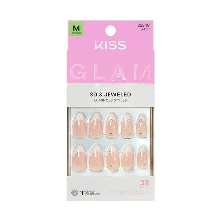 KISS GLAM 3D & Jeweled Press On Nails Almond ‘Serendipity Awaits’ Neutral Medium 32 Count | Walmart (US)