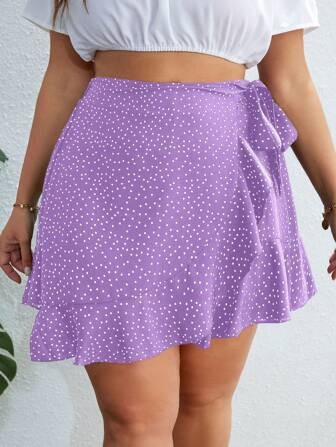 SHEIN WYWH Plus Polka Dot Print Knot Side Ruffle Trim Wrap Hem Skirt Peplum Short | SHEIN