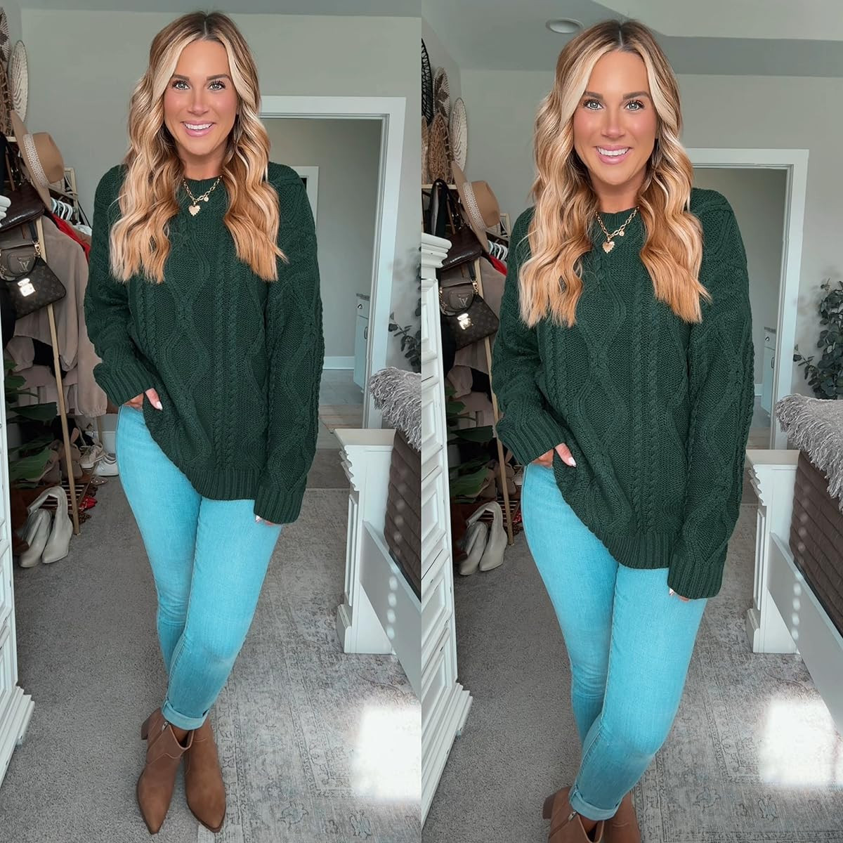 The perfect sweater for the season does exist! This soft and oversized cable knit sweater has quickly become my new favorite sweater of the season! Pairs perfectly with leggings, jeans, and even over a lace skirt! The outfit options are endless and will have this oversized cable knit sweater quickly becoming a favorite of yours too!

I am 5’6 147lbs wearing a size 29R in the jeans, size medium green sweater, boots fit true to size.  

 #LTKSeasonal #LTKMidsize #LTKStyleTip