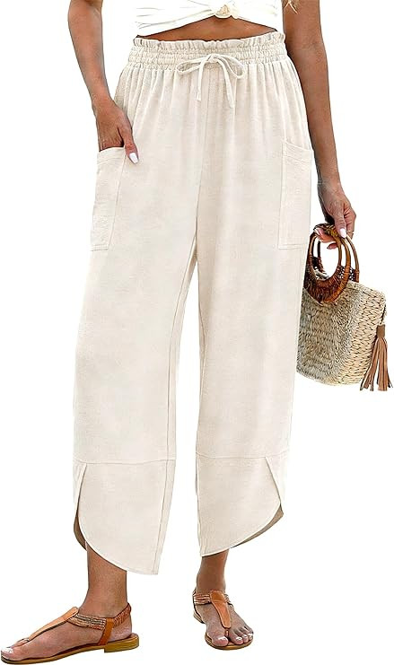 LOMON Women Linen Palazzo Pants Boho Wide Leg Elastic Waisted Casual Capri Pant Summer Harem Loun... | Amazon (US)