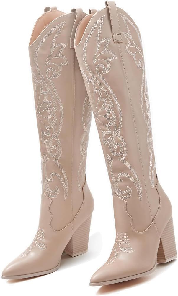 Coutgo Womens Cowboy Knee High Boots Western Cowgirl Embroidered Pointed Toe Chunky Heel Pull On ... | Amazon (US)