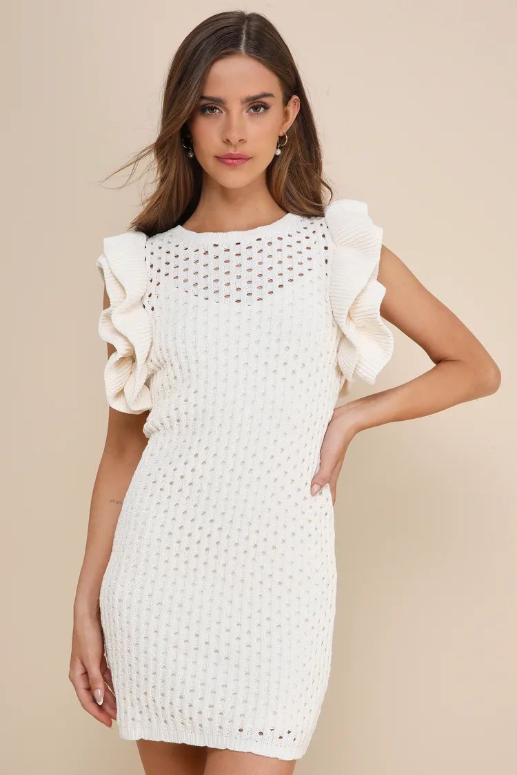 Always Elevated Ivory Ruffled Sleeveless Mini Sweater Dress | Lulus