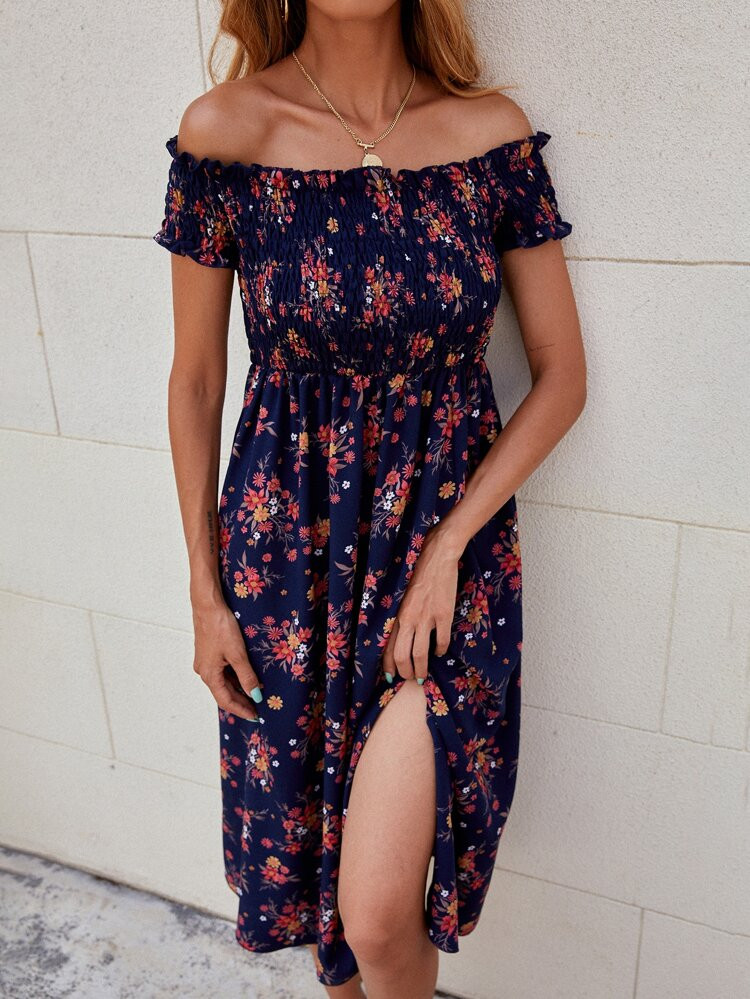 Floral Print Split Thigh Shirred Bardot Dress | SHEIN