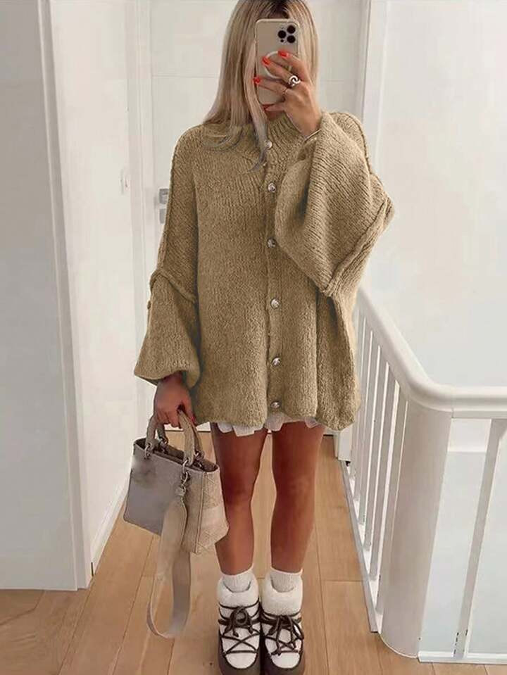 INAWLY Women's Solid Color Button-Front Casual Long Sleeve Cardigan | SHEIN