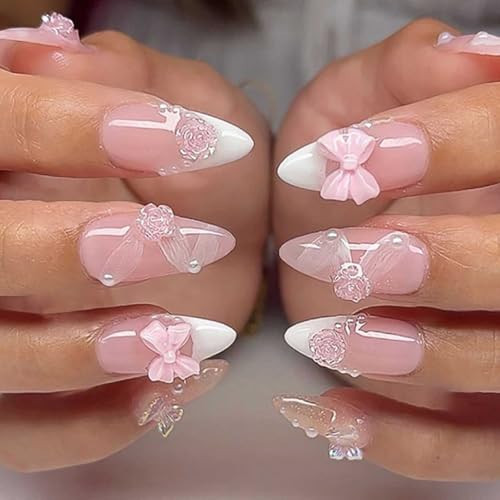 Foccna French Press on Nails Pink Medium, 3D Flower Fake Nails Almond Acrylic False Nails White,Artificial Nails for Women and Girls 24pcs | Amazon (US)