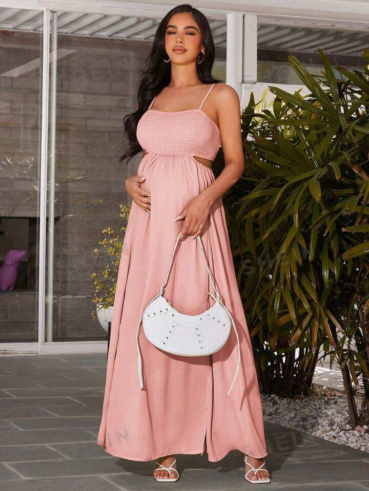 SHEIN Maternity Solid Color Shirred Bodice Cutout Waist Strap Dress | SHEIN