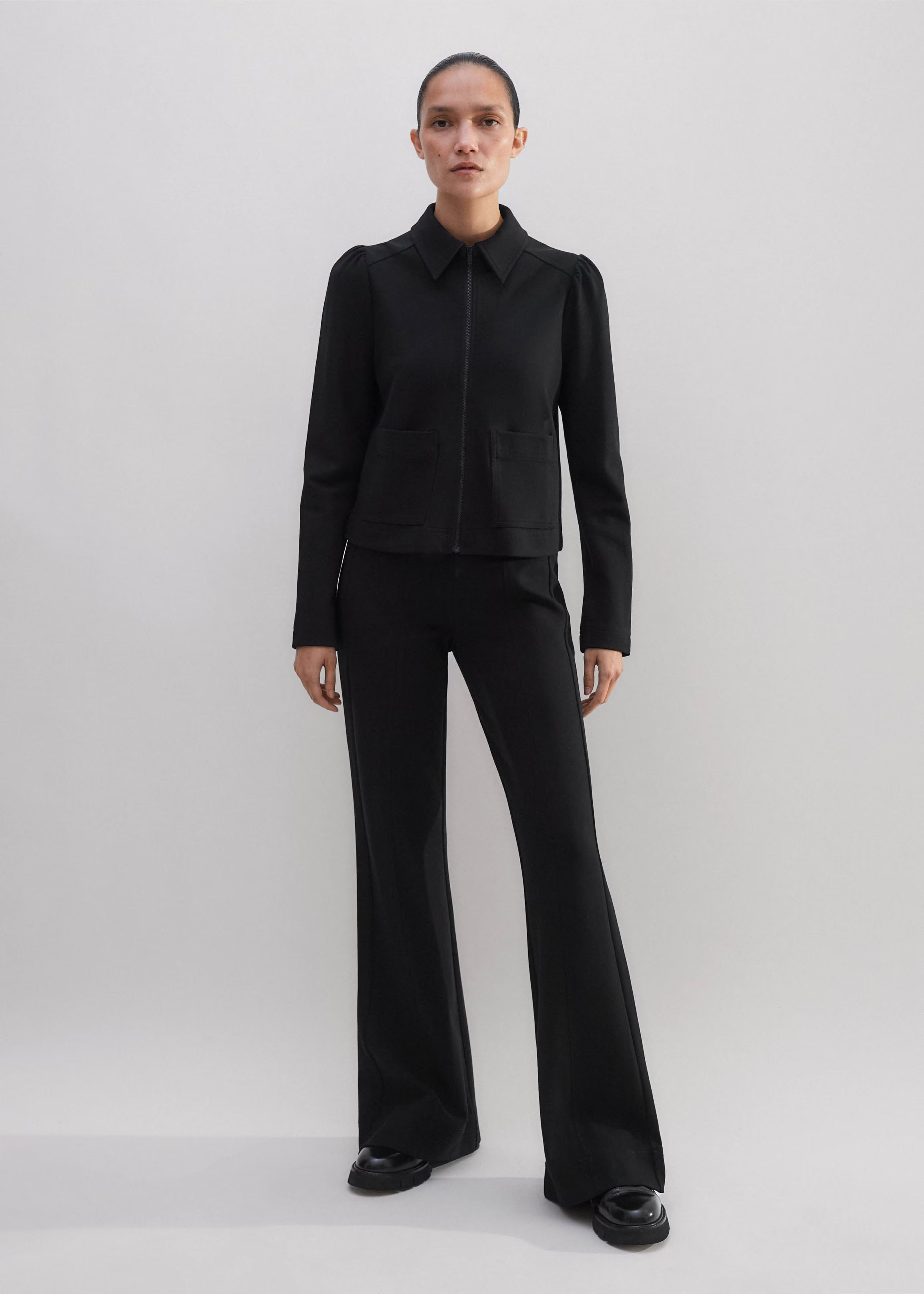Women's Black Travel Tailoring Zip Up Box Top + Kick Flare Pant Co-ord | ME+EM | ME+EM US