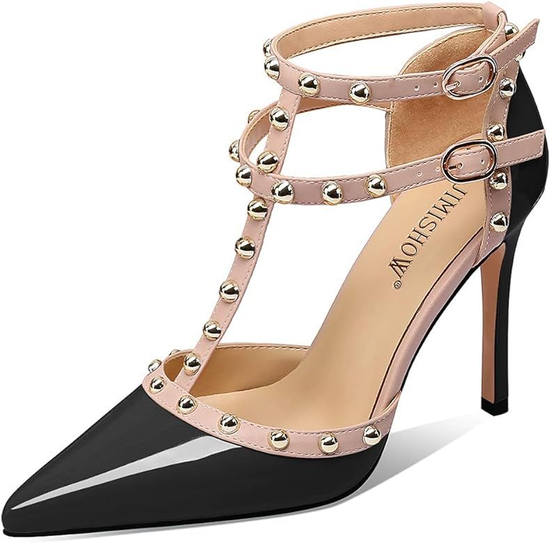 Jimishow Studded Heels for Women Ankle Strap Stud Sandals Pointy Closed Toe Rivets Heels Pumps 4'... | Amazon (US)