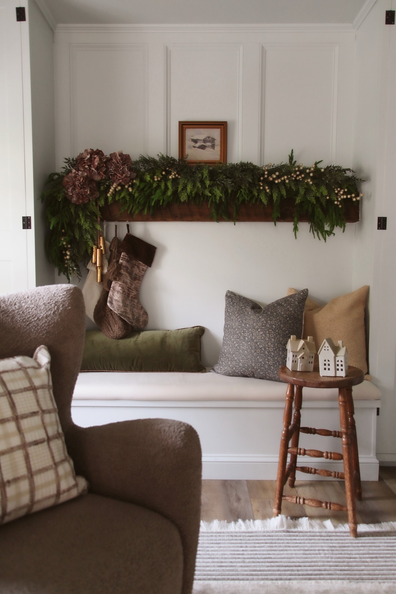 christmas inspo. stockings and christmas village. garland 

#LTKHome #LTKSeasonal #LTKHoliday