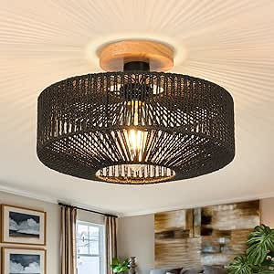 DESGNT Boho Light Fixtures Ceiling, 12.6" Rattan Black Semi Flush Mount Ceiling Lights, Hand-Wove... | Amazon (US)