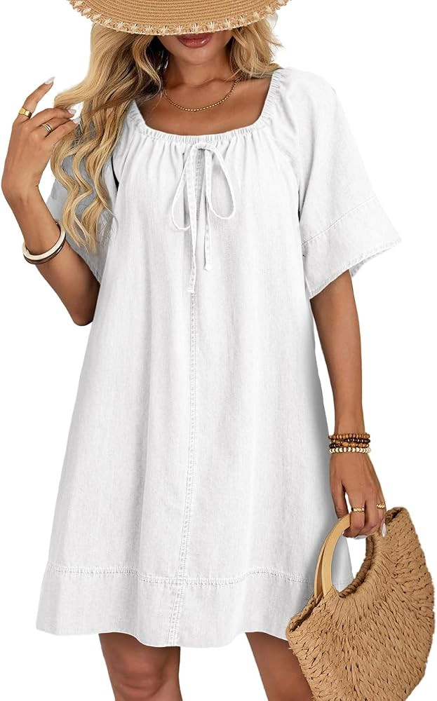 Dokotoo Lightweight Flowy Denim Dress for Women 2026 Square Neck Short Sleeve Dresses Tie Knot Fr... | Amazon (US)