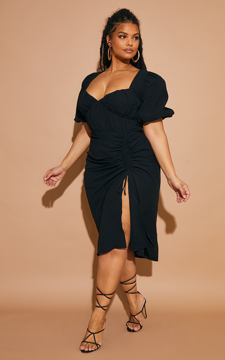 Plus Black Puff Sleeve Ruched Split Side Midi Dress | PrettyLittleThing US