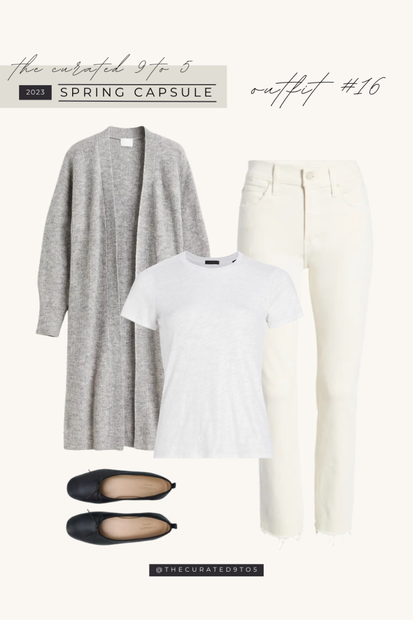 2023 spring capsule outfit 
Long cardigan, duster cardigan, cashmere, wool sweater
Cream denim, white jeans, wide leg jeans
Ballet flats, black flats
White tee, t-shirt

#LTKstyletip #LTKshoecrush #LTKSeasonal