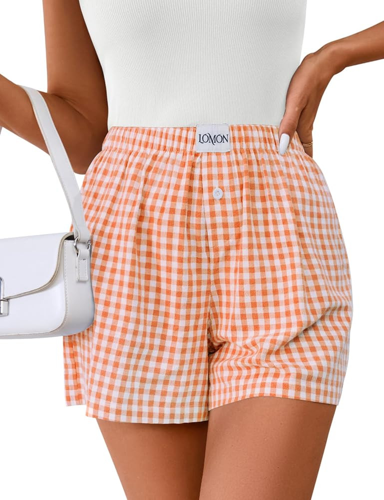 LOMON Womens Boxer Shorts Casual Summer Cotton Pajama Lounge Sleep Pj Gingham Plaid Shorts Y2K Be... | Amazon (US)