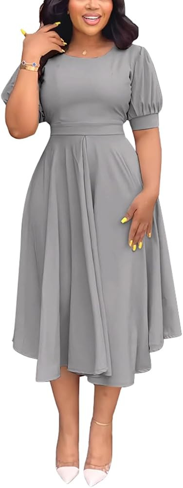 Summer Dresses for Women Semi-Formal Fit Casual Slim Short Puff Sleeve O-Neck Elegant Swing A Lin... | Amazon (US)