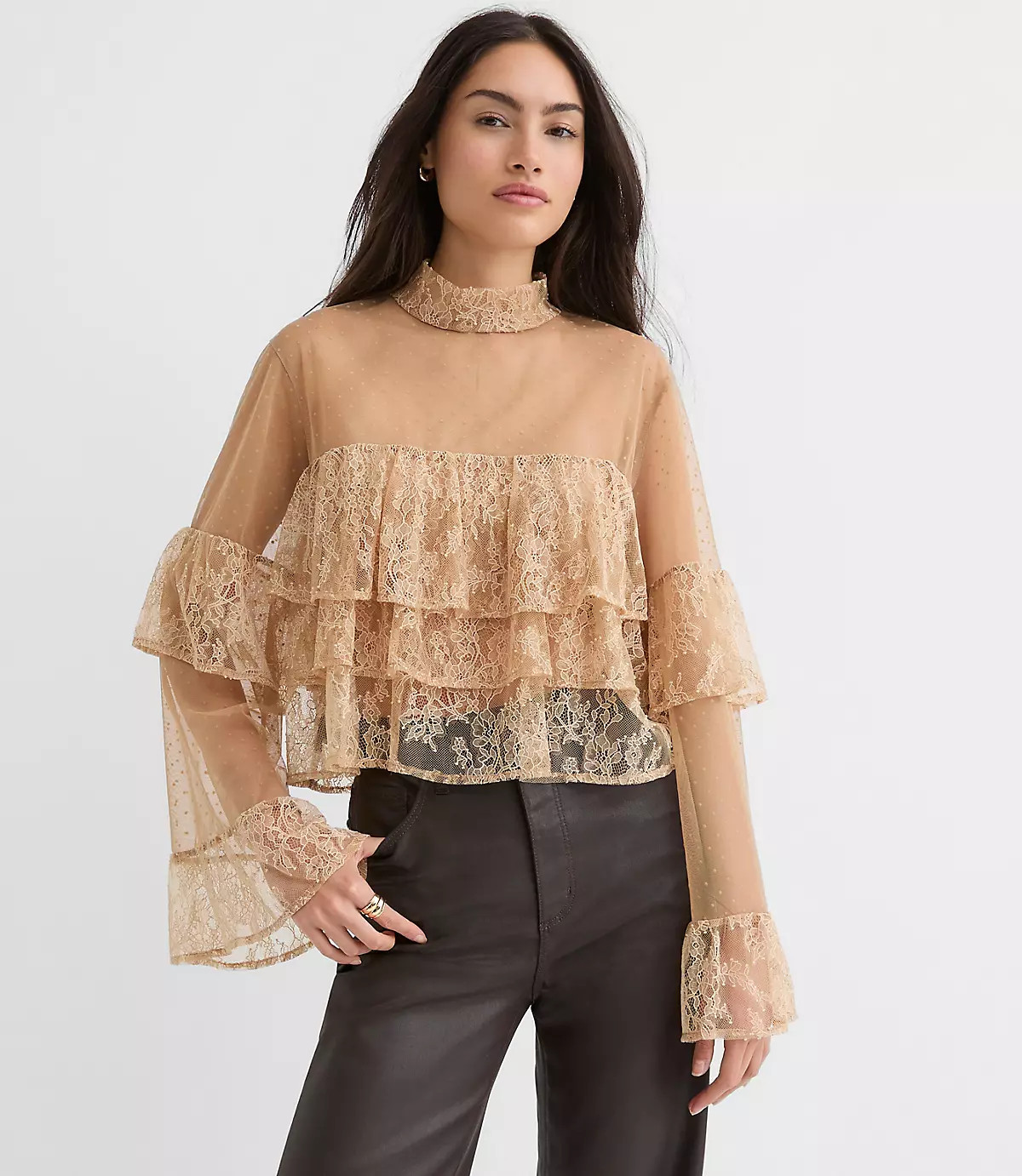 Petite Velvet Dotted Chantilly Lace Ruffle Top | LOFT