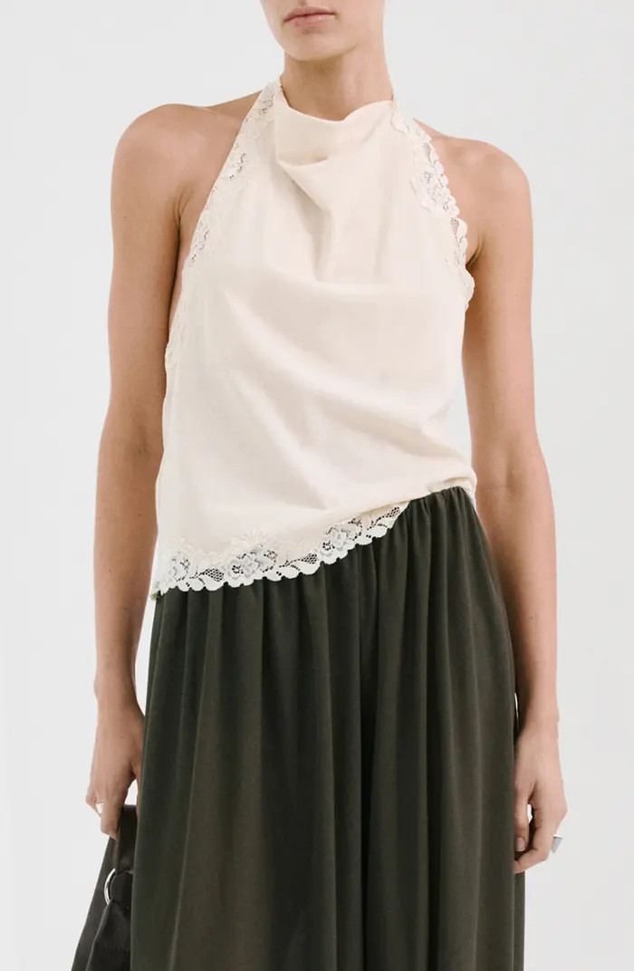 MANGO Kristen Draped Lace Detail Cotton Halter Top | Nordstrom | Nordstrom