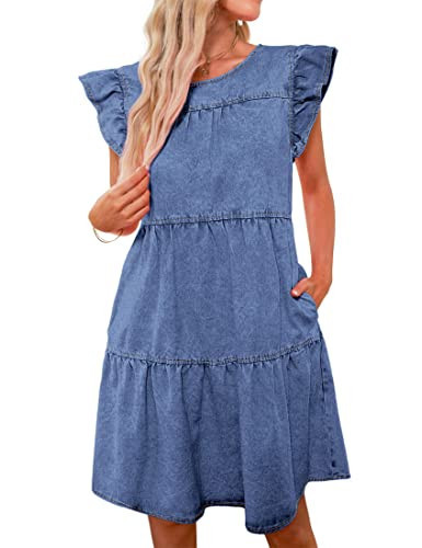luvamia Ruffle Sleeve Babydoll Dress for Women Jean Dresses for Women Denim Womens Casual Dresses Sleeveless Dress for Women Ladies Summer Dresses Bay Blue Size Large Fits Size 12 / Size 14 | Amazon (US)