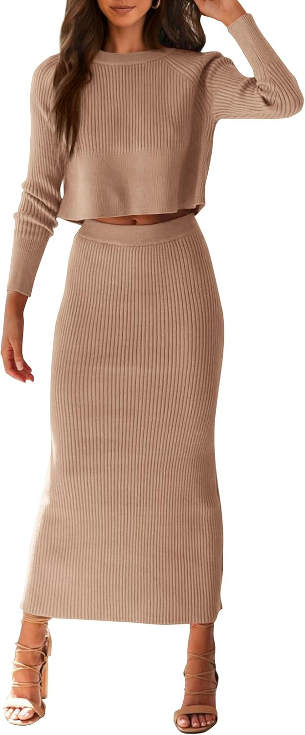 PRETTYGARDEN Women's Winter 2 Piece Sweater Set Rib Knit Long Sleeve Crop Top Maxi Bodycon Skirt ... | Amazon (US)