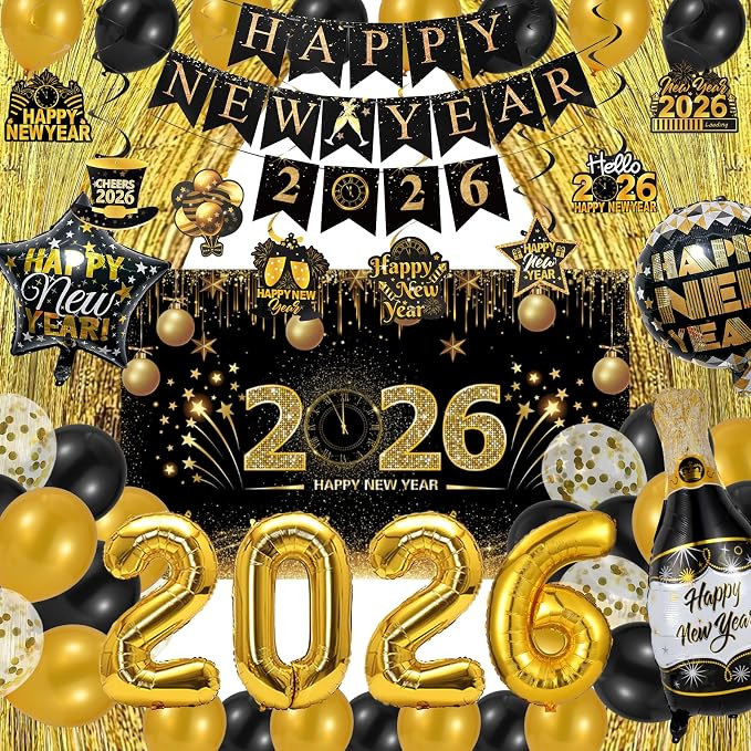 New Years Eve Party Supplies 2026, New Years Decorations Backdrop Banner 2026 Balloons Fringe Cur... | Amazon (US)