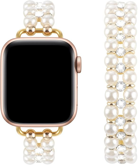 Elastic Pearl Beaded Band Compatible with Apple Watch 38mm 40mm 41mm, Woman Sparkling Bling Diamo... | Amazon (US)