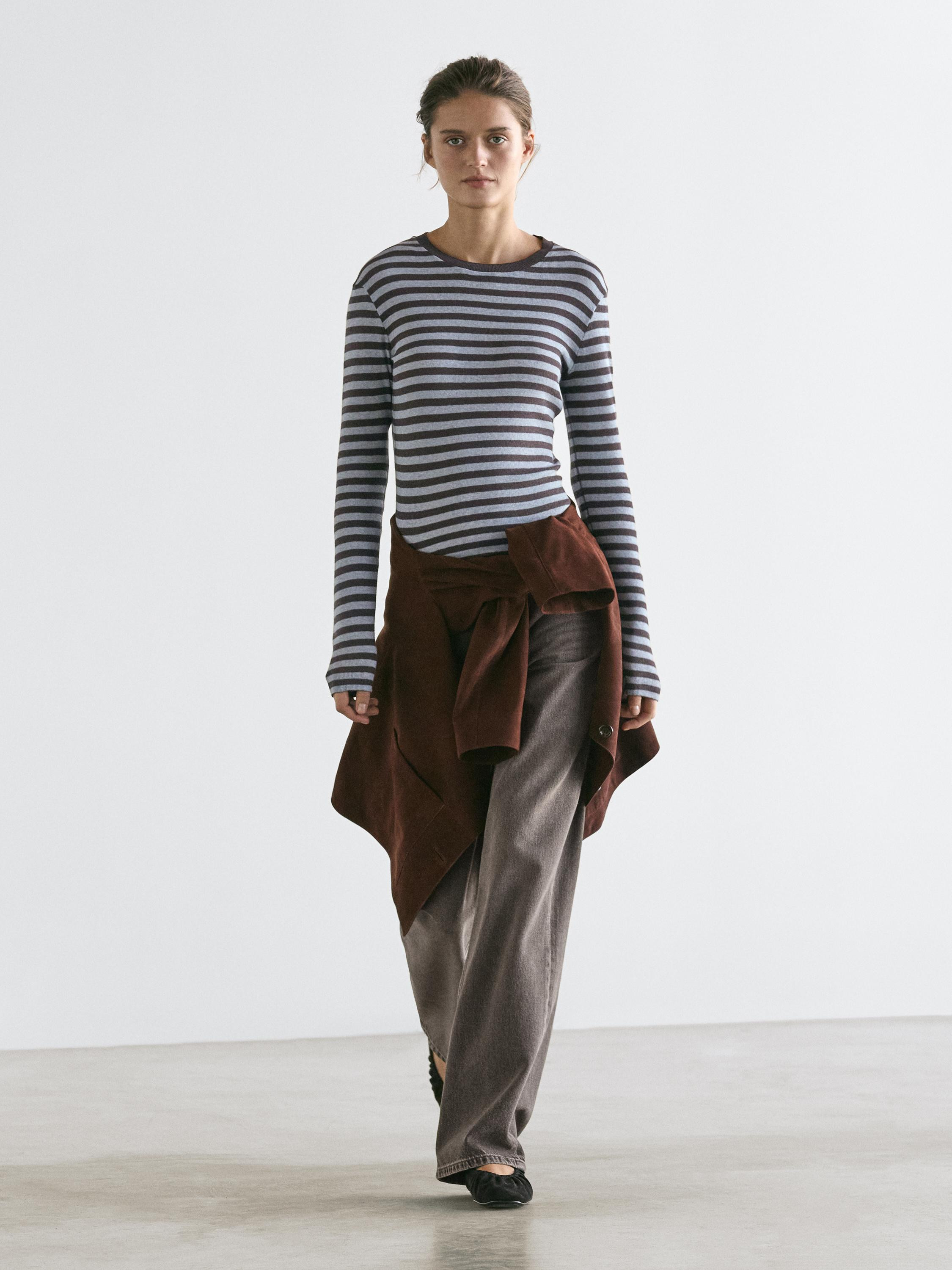 Cotton blend striped long sleeve T-shirt | Massimo Dutti UK