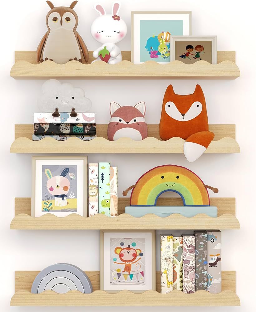 Kids' Bookshelf Set of 4 - Wood Floating Nursery Book Shelves, Picture Ledge Shelf for Wall Decor... | Amazon (US)