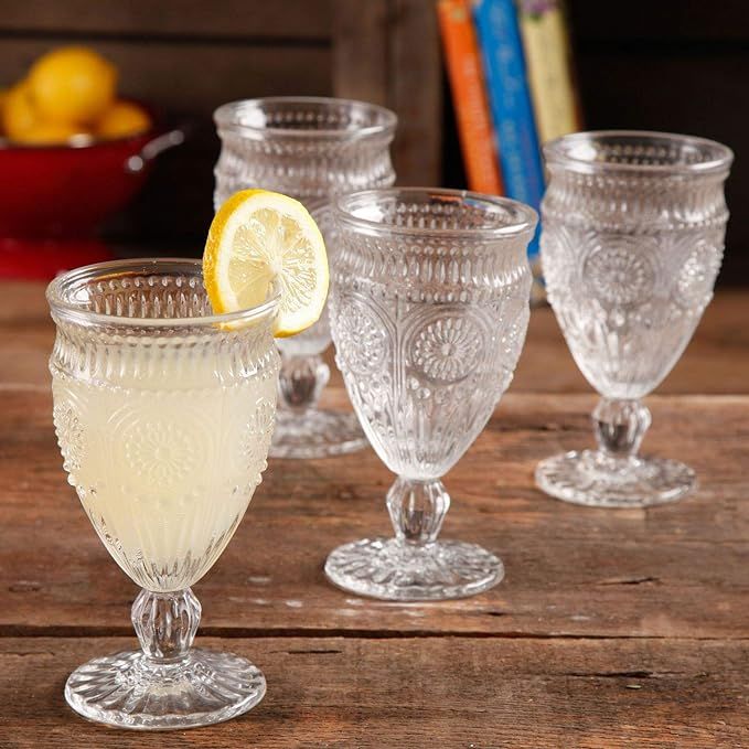 The Pioneer Woman Adeline Embossed 12-Ounce Clear Footed Glass Goblets, Set of 4 by The Pioneer W... | Amazon (US)