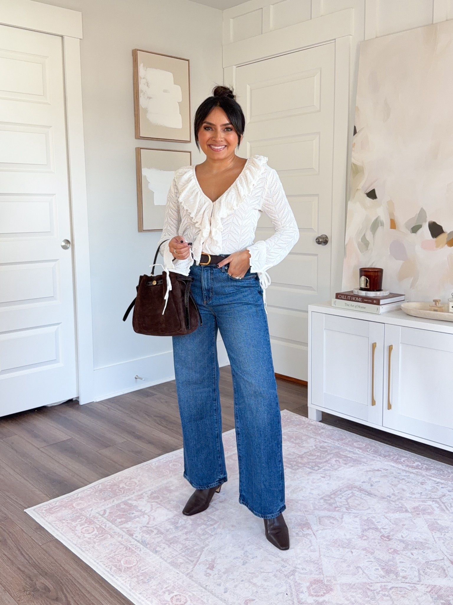 White ruffle top size xs petite TTS
Jeans size 26 petite TTS
Dark brown leather boots size xs TTS

#LTKSaleAlert #LTKPetite #LTKHoliday