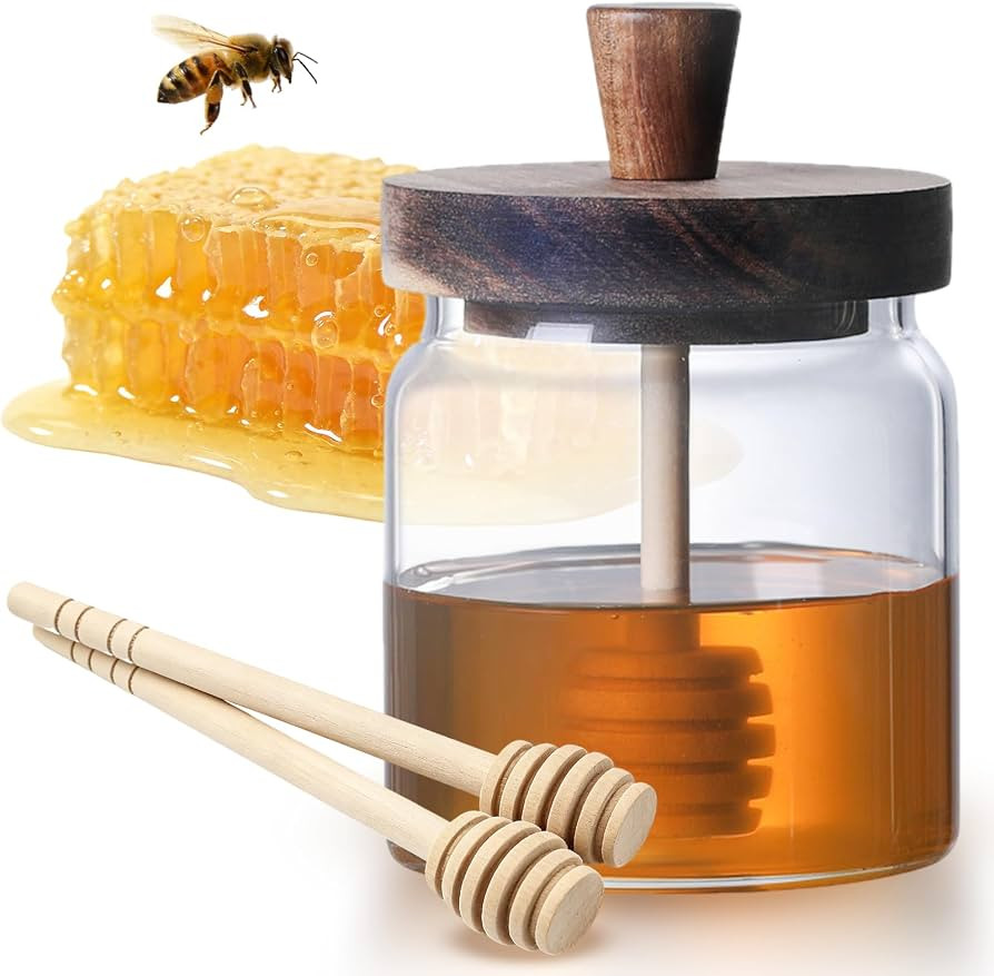 12 Oz Honey Jar with 2 Wooden Dippers and Lid,Honey Pot Dispenser,Clear Glass Honey Container for... | Amazon (US)