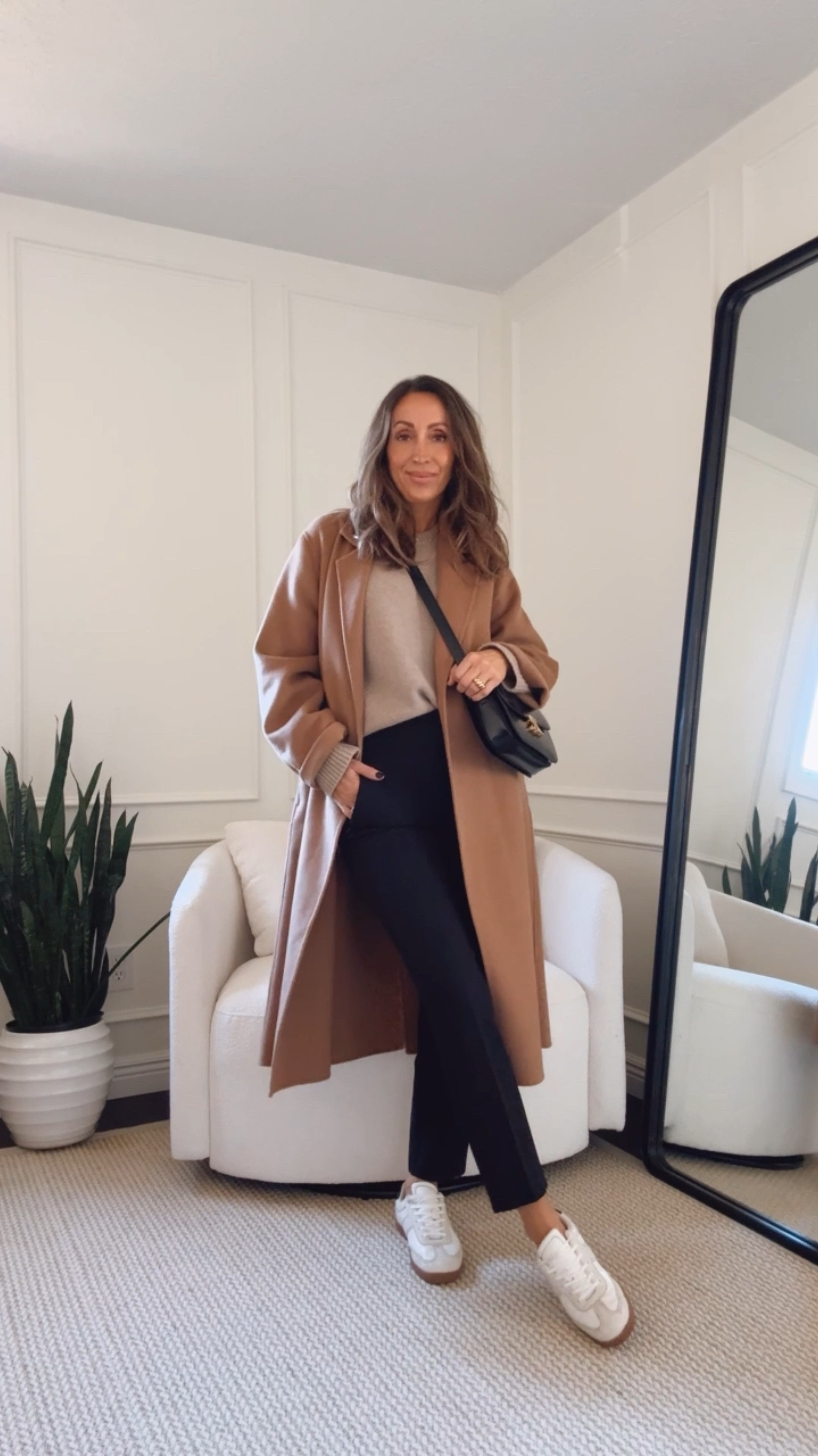 I call these my fancy stretchy pants! I’ve shared these before and can’t recommend them enough - very comfortable, they don’t wrinkle and they’re perfect to travel in, for the office, for a party, for everyday when you want to be super comfortable but look put together…just really any occasion. Easily dressed up or down (I sized down). 
Sneakers tts for me. 
Oversized coat in small (because xs wasn’t available ever when I purchased it). You can Stick to your size.  
Sweater is old DeMellier but linking similarly fab options#LTKStyleTip

#LTKSeasonal #LTKWorkwear