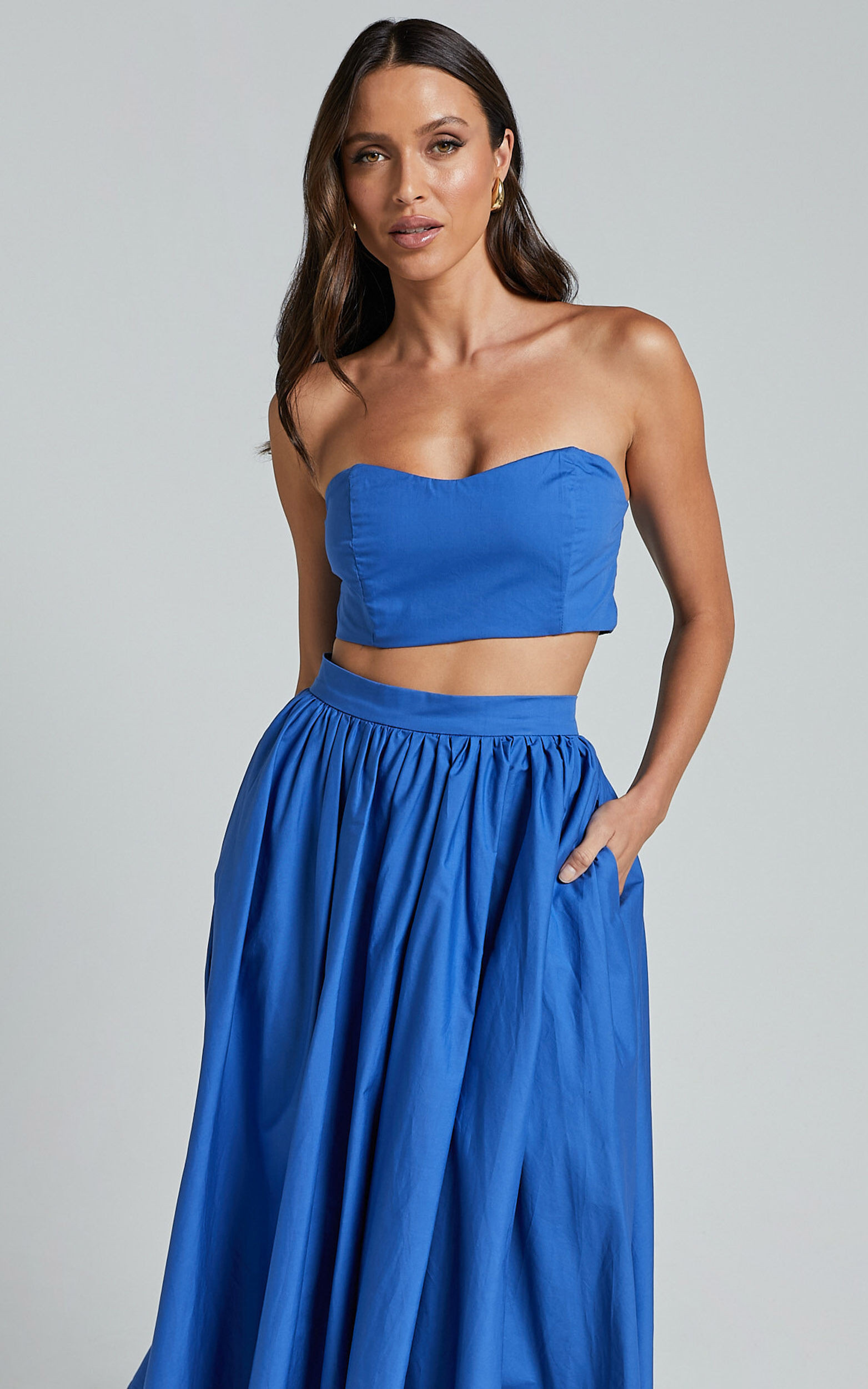 Olympia Two Piece Set - Strapless Corset Top and Full Midi Skirt Set in Cobalt Blue | Showpo (US, UK & Europe)