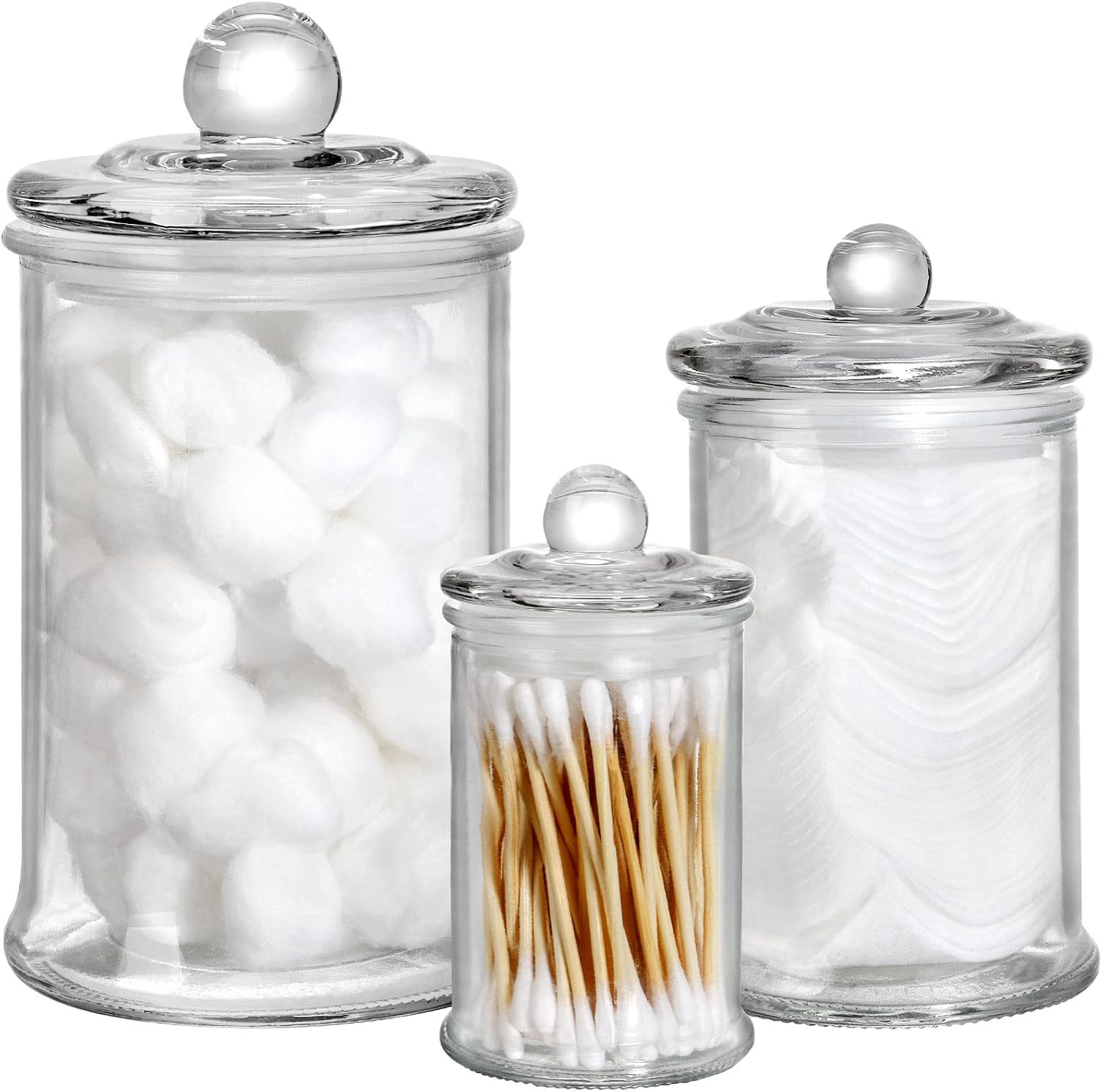 Suwimut Set of 3 Glass Apothecary Jars with Lids, Bathroom Canisters Storage Container Jars Small Glass Jars for Kitchen Bathroom Storage Qtip, Cotton Swabs, Cotton Balls, Makeup Sponges, Bath Salts | Amazon (US)