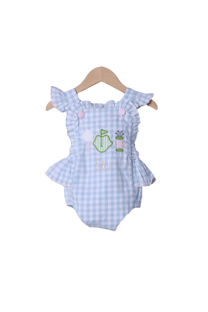 Applique Tee Time Blue Gingham Sun Bubble | The Smocked Flamingo