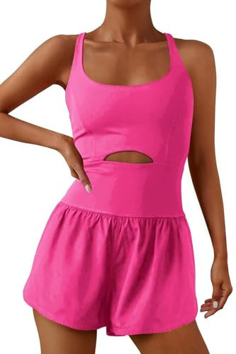 ReachMe Womens Running Onesie Workout Rompers Athletic Romper One Piece Outfits Exercise Jumpsuits Gym Yoga Clothes(Neon Pink,S) | Amazon (US)