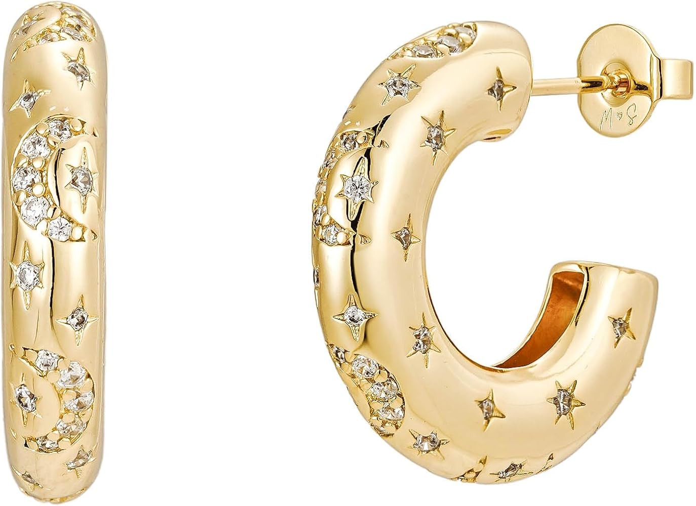 Chunky Gold Hoop Earrings – 18K Gold Plated Hoops with Moon & Star Celestial Details – Bold, ... | Amazon (US)