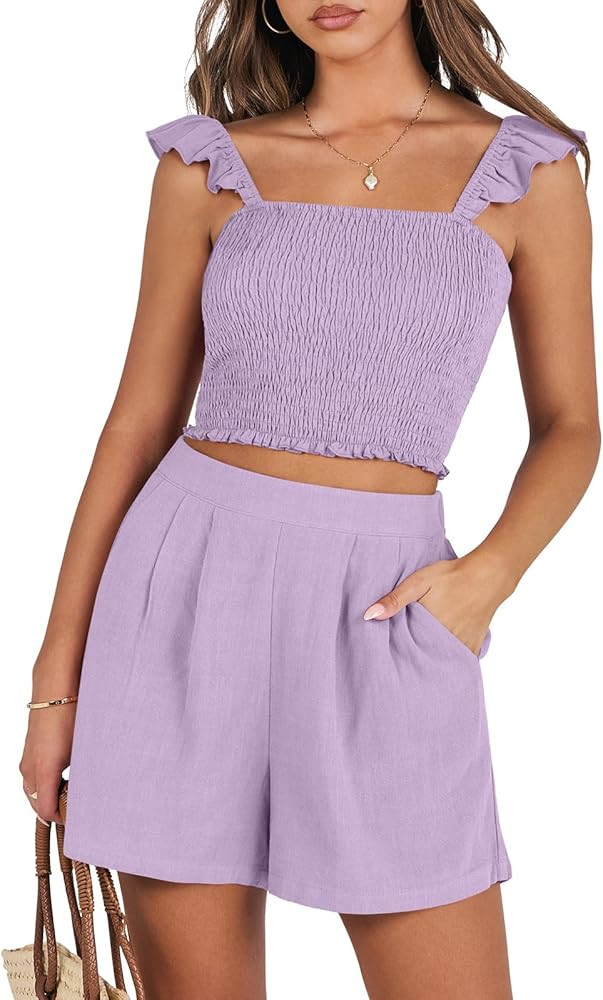 ANRABESS Women's 2 Piece Outfits Summer Linen Sets Smocked Crop Tops Matching Shorts Lounge Set 2... | Amazon (US)