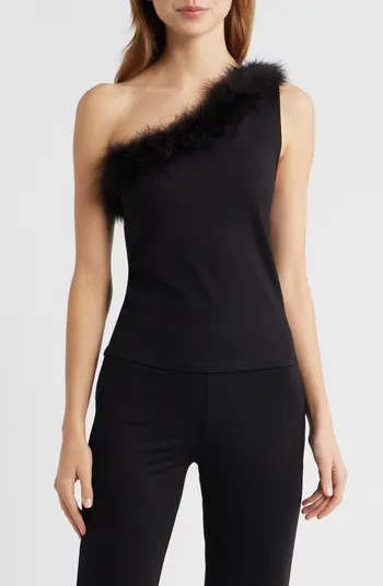 MANGO Xplumi Feather Trim One-Shoulder Top | Nordstrom | Nordstrom