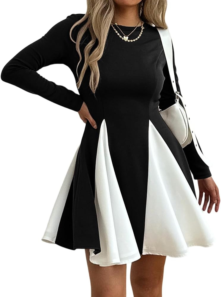 Women’s Long Sleeve Fit and Flare Dress, Color Block A-Line Pleated Swing Mini Dress Elegant Cr... | Amazon (US)