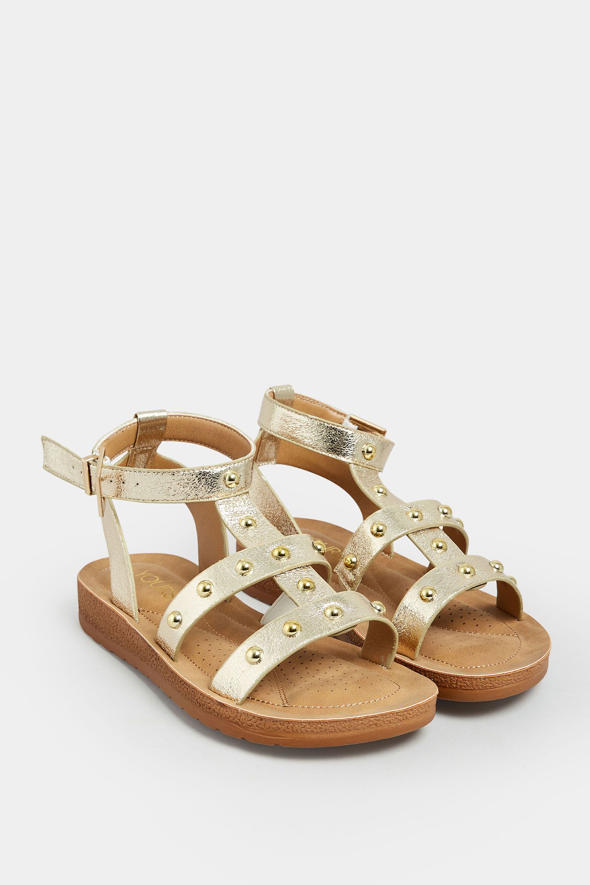 Yours Gold Studded Shimmer Gladiator Sandals In Extra Wide EEE Fit | Long Tall Sally