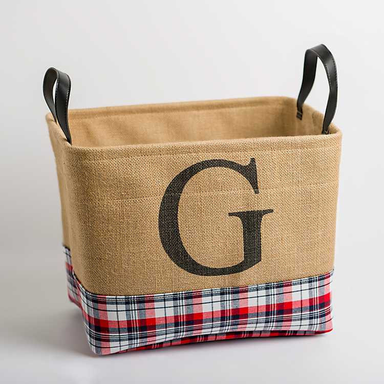 New! Monogram G Red Plaid Leather Handle Jute Bin | Kirkland's Home