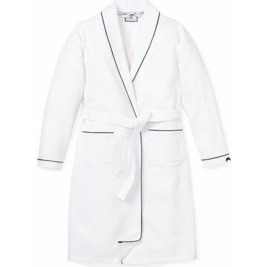 Petite Plume | Women's Flannel Robe, (White & Navy Blue Piping, Size Large) | Maisonette | Maisonette