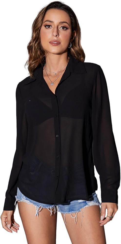 OYOANGLE Women's Mesh Sheer Long Sleeve Shirt Lightweight Button Down Blouse Top | Amazon (US)