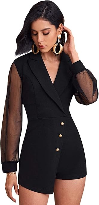 SheIn Women's Notch Collar Mesh Sleeve Button Wrap Trim Jumpsuit Short Wide Leg Romper | Amazon (US)