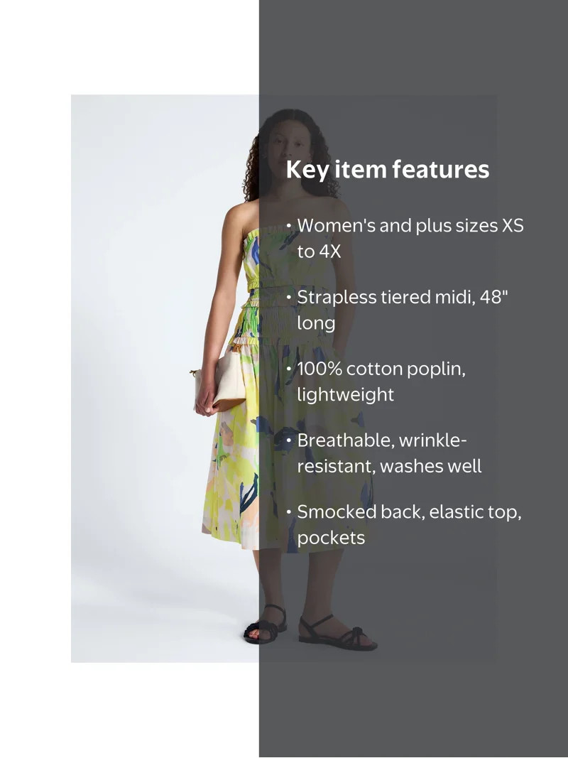 Free Assembly Women's and Women's Plus Strapless Cotton Poplin Tiered Midi Dress, Sizes XS-4X | Walmart (US)