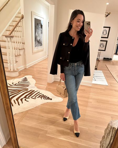 Kat Jamieson wears a classic outfit to dinner. Lady jacket, neutral style, denim, relaxed fit jeans, Chanel slingbacks, workwear, holiday outfit. 

#LTKSeasonal #LTKworkwear #LTKHoliday