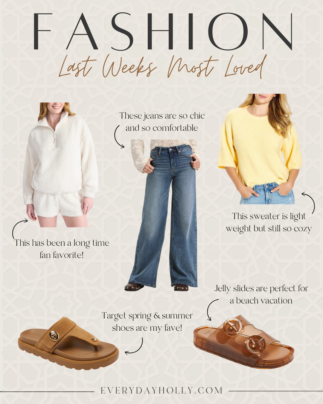 Last week's most loved fashion finds! Short sleeve crewneck sweater for early spring, wide leg jeans, plush half zip, sandals for vacation, jelly sandals, everydayholly 

 #LTKSeasonal #LTKPetite #LTKTravel